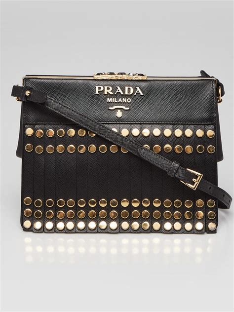 prada women's leather fringe straps studded idol shoulder bag black